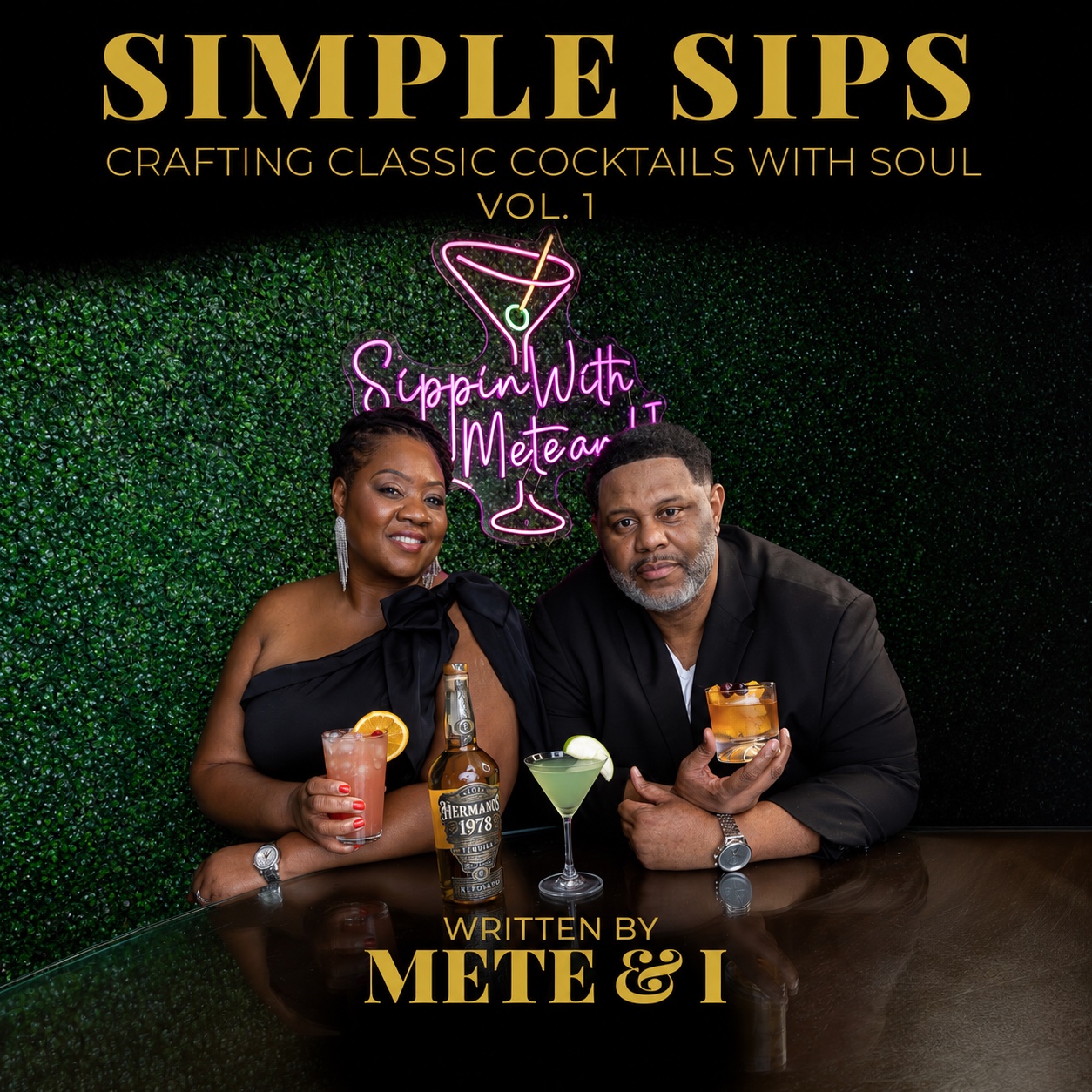 Simple Sips book cover featuring Mete and I with cocktails