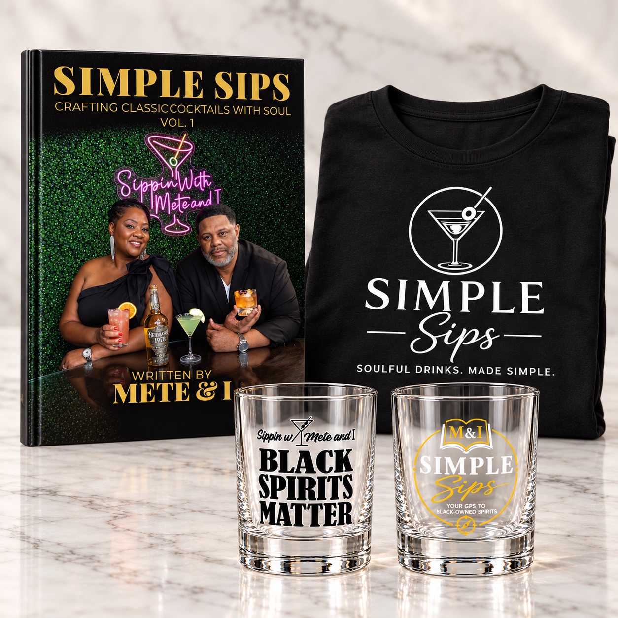 Simple Sips bundle with a signed book, two rocks glasses, and a Simple Sips T-shirt