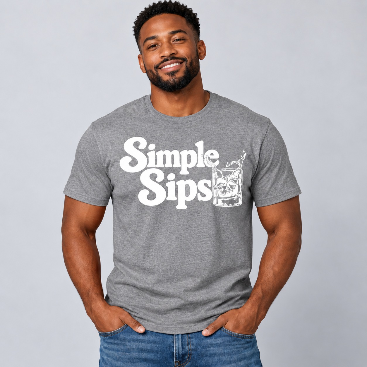 Grey Simple Sips whiskey T-shirt with white rocks glass design